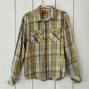 EMS Eastern Mountain Sports Plaid Flannel Shirt Sz S Green Yellow Grunge